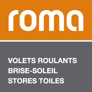 ROMA Schriftzug auf orange, darunter Rollladen, Raffstoren Textilscreens auf grau