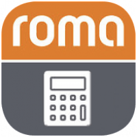 Logo ROMA sur fond orange, en bas icône d'une calculatrice sur fond gris