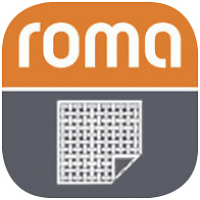 Logo ROMA sur fond orange, en bas icône des tissus sur fond gris