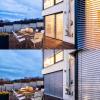 Terrasse avec mobilier d'extérieur, au crépuscule, avec vue sur brise-soleil