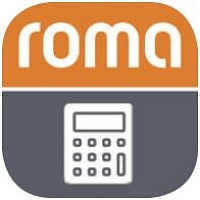 Logo ROMA sur fond orange, en bas icône d'une calculatrice sur fond gris