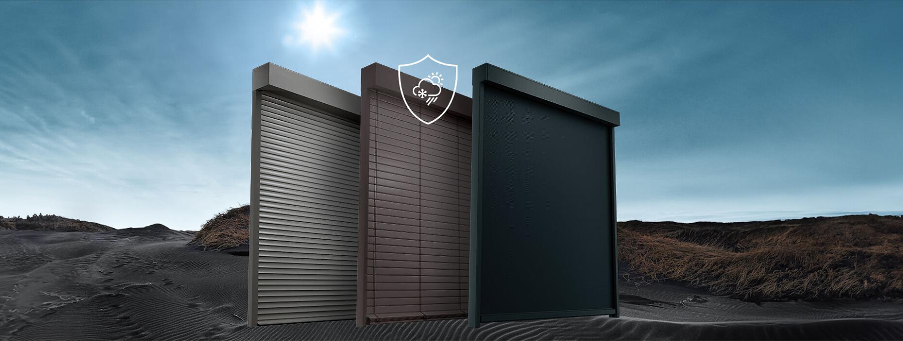 Paysage de dunes avec soleil et volets roulants ROMA, Brise-soleil orientables et Stores toiles plus protection contre les intempéries.